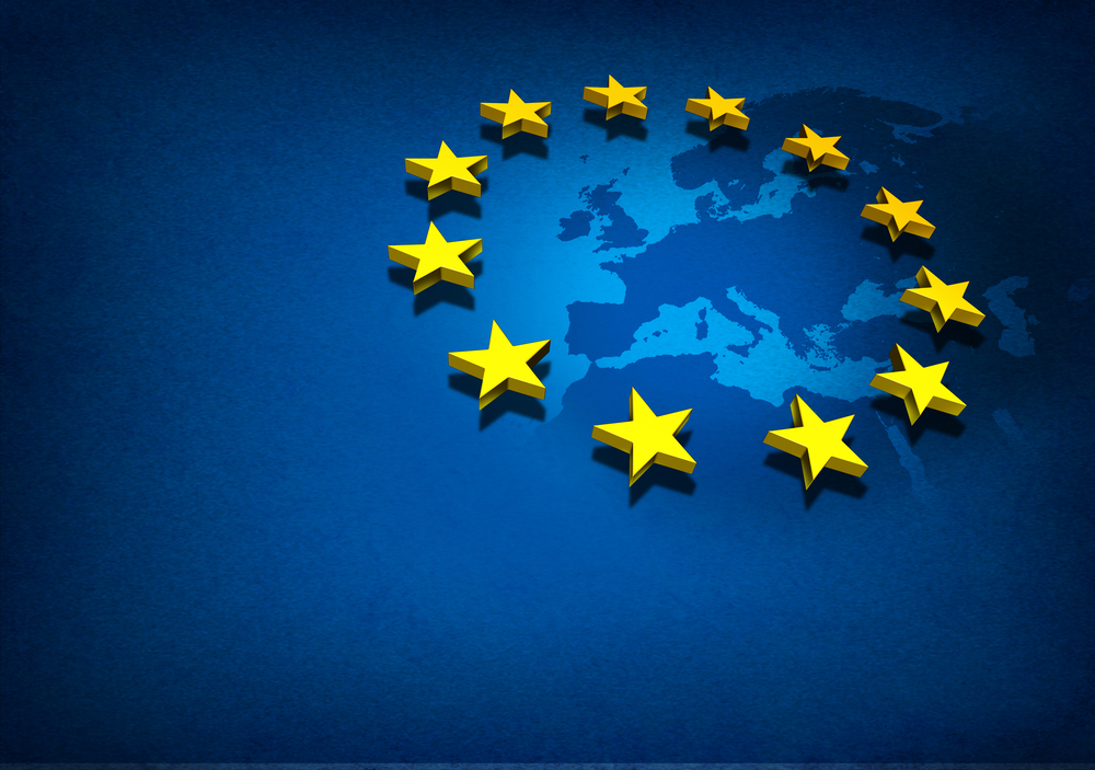 European Union and Europe countries including France Germany Italy and England surrounded by blue ocean with three dimensional yellow flag stars on a blue grunge background.