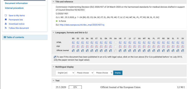 How to Access EU Harmonized Standards List for Medical Based Directives (Non-HTML)