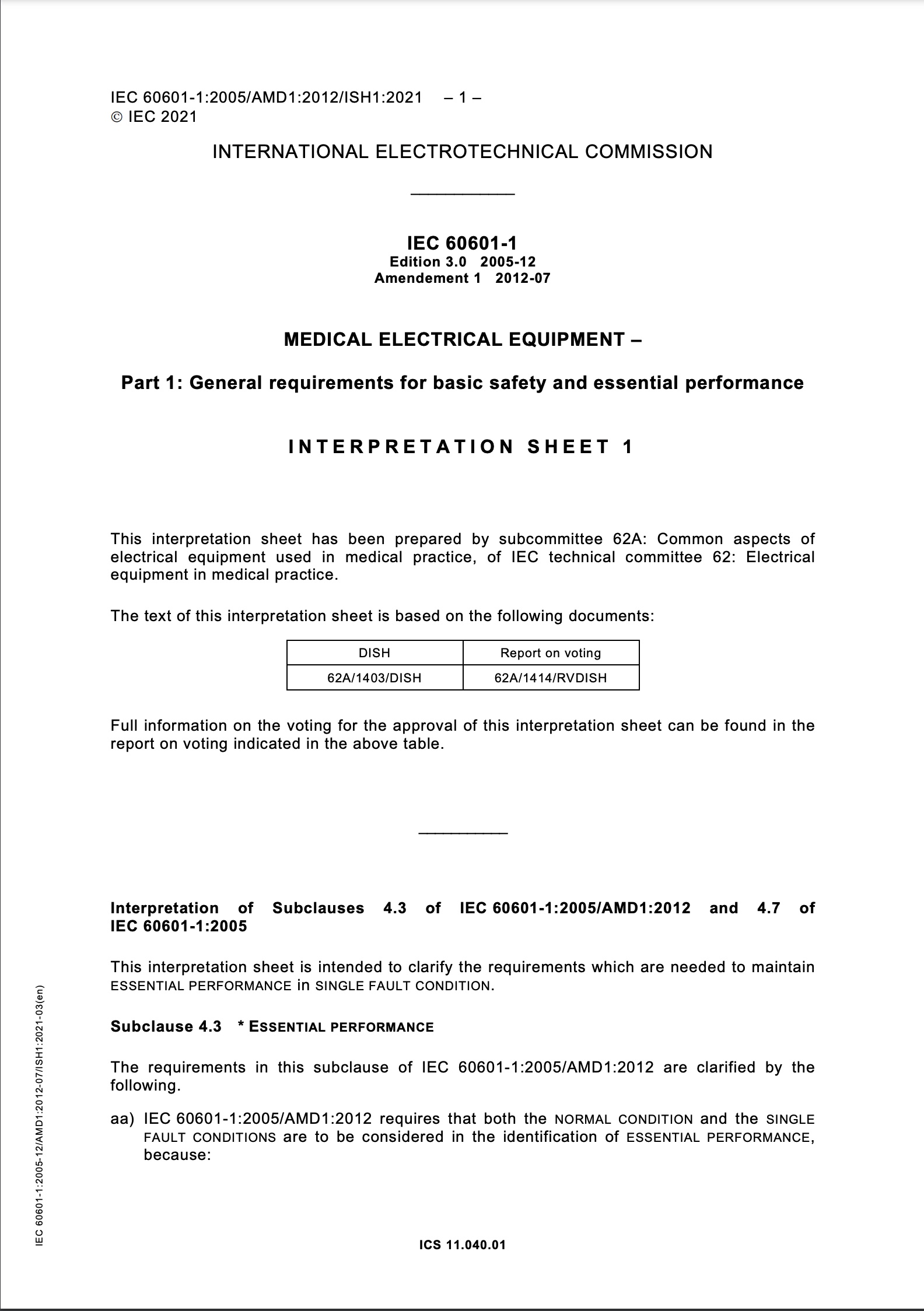 FDA Adds Interpretation Sheet 1 on Essential Performance & SFC of IEC 60601-1 to AAMI ES60601-1 Recognitions DB