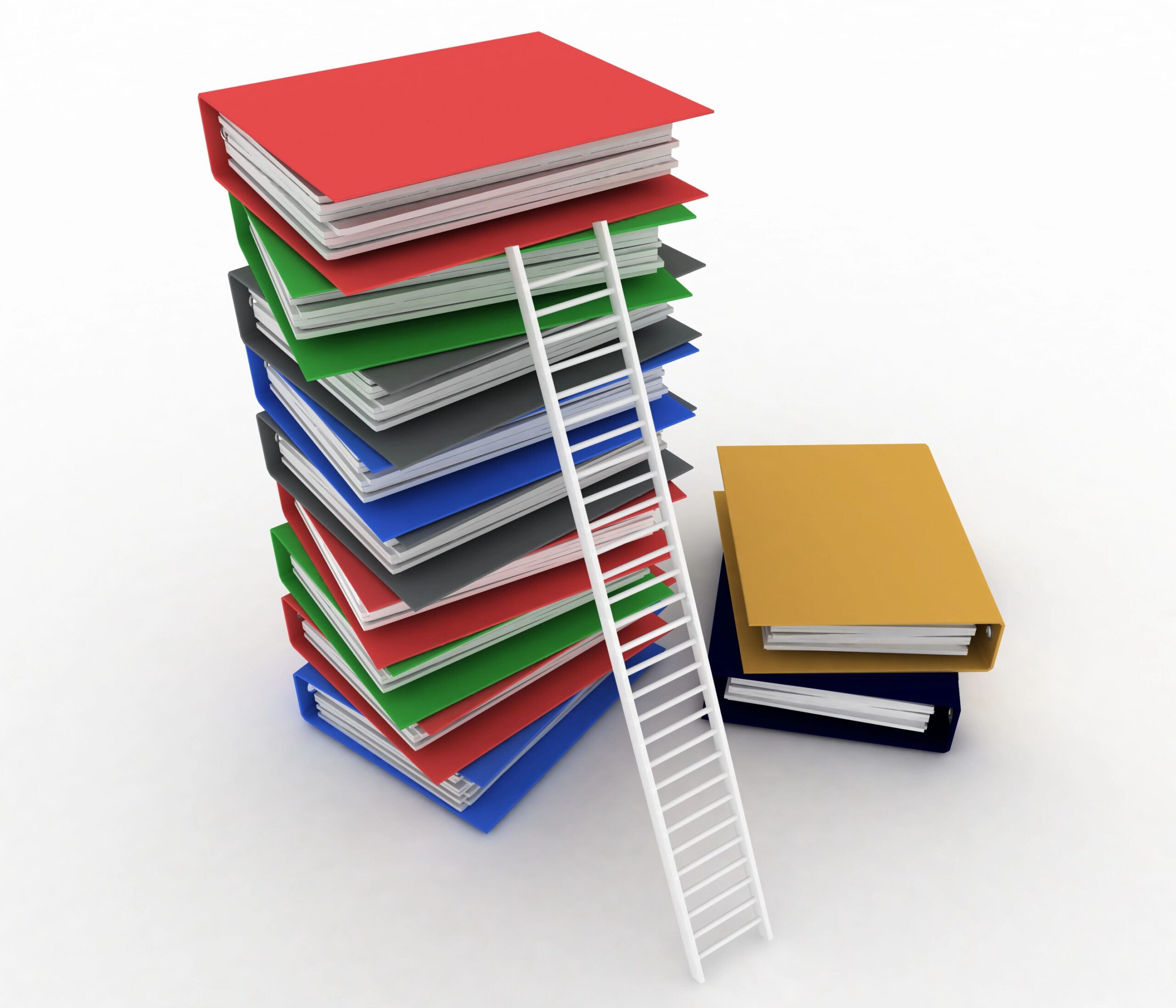 A tall stack of binders with a ladder leaning against it